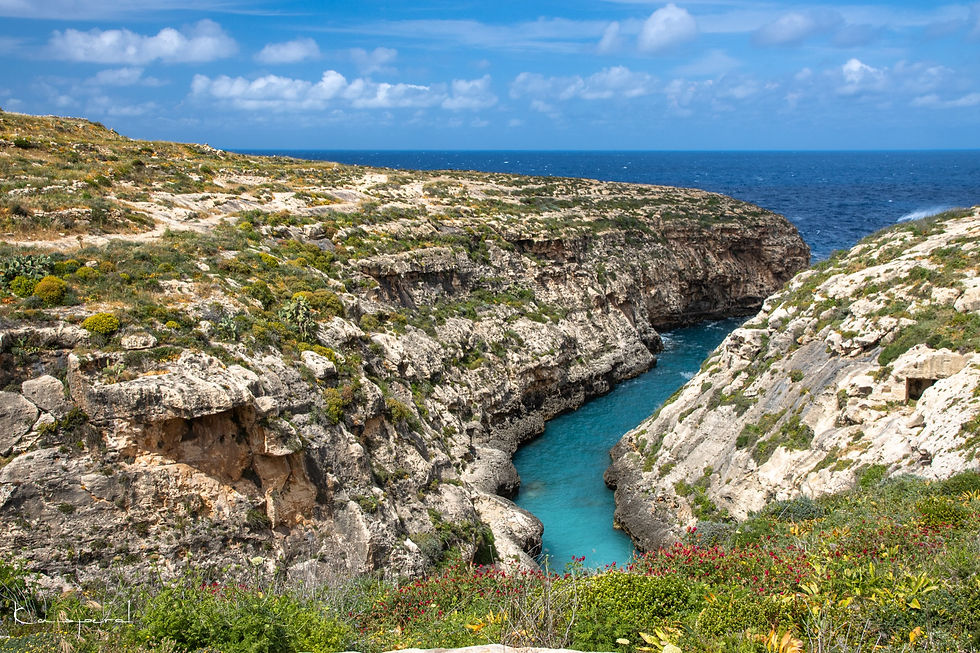 Miniature : Gorge étroite entre de hautes falaises dans laquelle s'engouffre la Méditerranée à Gozo
