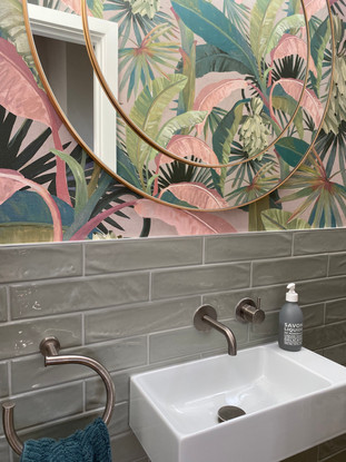 powder room with subway tiles