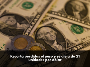 Recorta pérdidas el peso y se aleja de 21 unidades por dólar