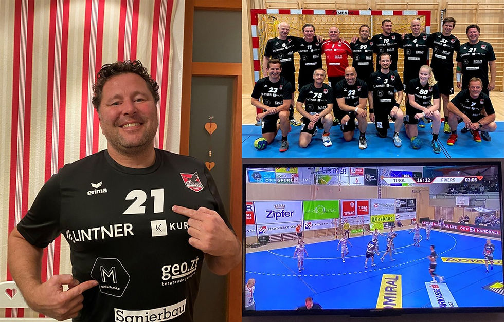Handball Tirol Best Ager Mannschaft, 'meine' Nummer 21 und im ORF Bild meine Werbung in der Halle