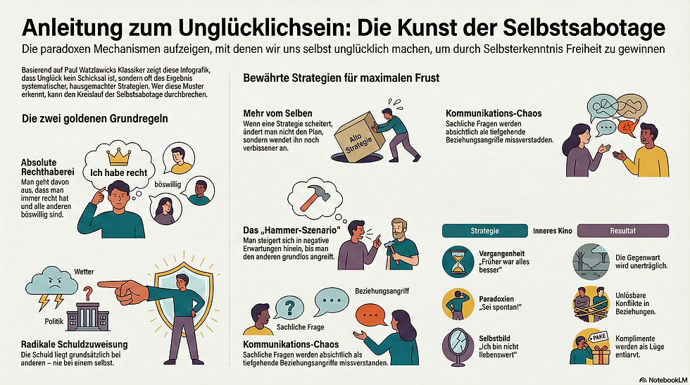 Infografik (NotebookLM): Anleitung zum Unglücklichsein in Bildern