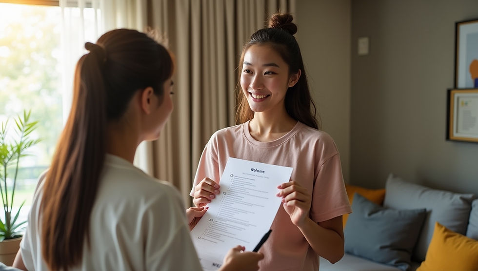 Orientation Scene:“A modern Singaporean living room where a young couple shows their new helper a printed welcome checklist. Warm natural light, minimalist décor, helper holding a pen and notebook, friendly atmosphere.”