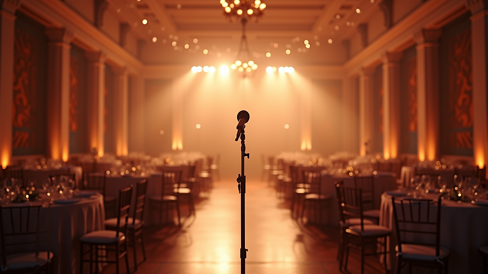 Wide angle view of a wedding reception hall with a stage and microphone setup