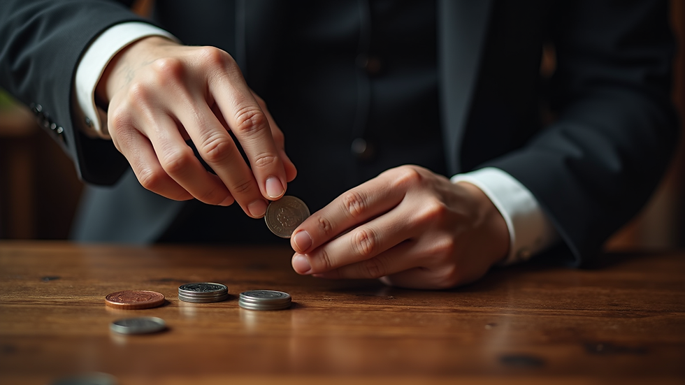 High angle view of a magician’s hands performing a coin trick on a wooden table