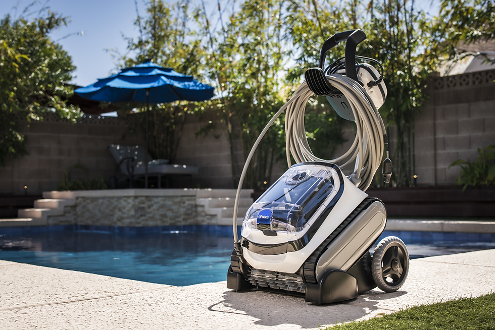 Polaris PCX 864 robotic pool cleaner with caddy beside pool