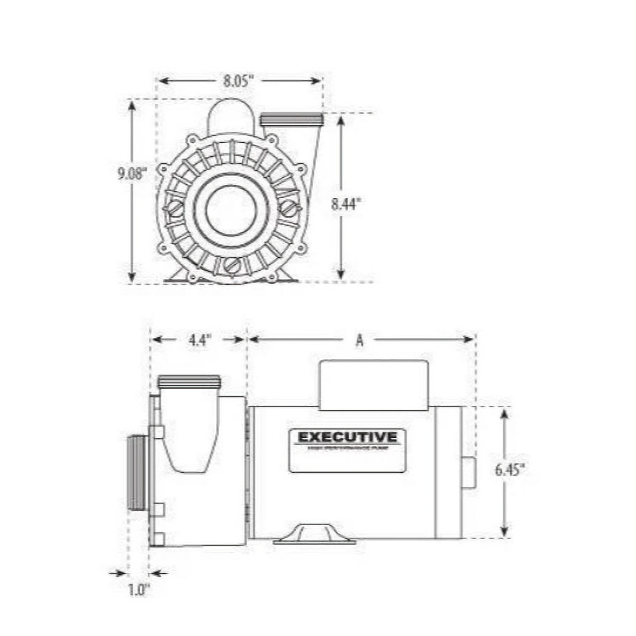 Dimensions diagram of the Waterway Executive 56fr spa pump with suction and discharge measurements