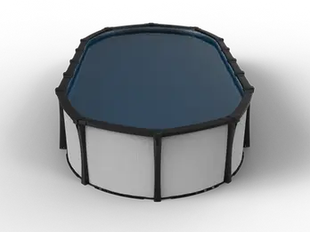 Carvin STELLA oval above ground pool in Alberta with light-toned panels and black structural accents, front view