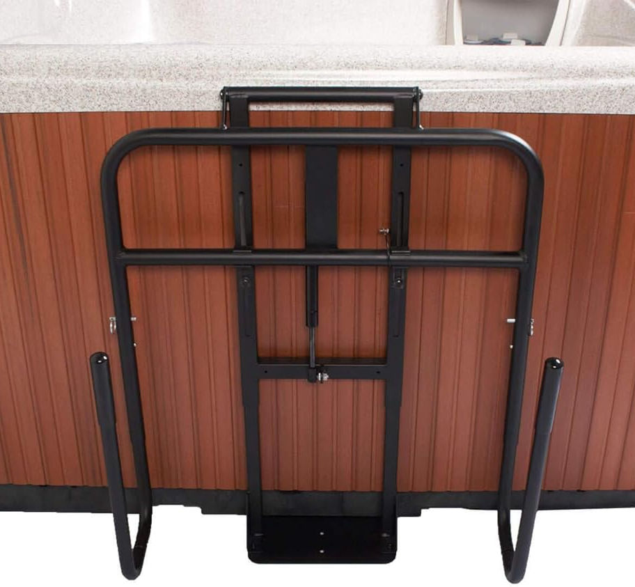 Front view of Cover Caddy™ hot tub cover lifter installed on spa