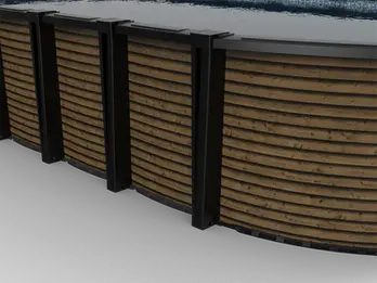 Close-up of Carvin TOSCANA above ground pool showing warm woodgrain exterior panels and black structural framing in Alberta