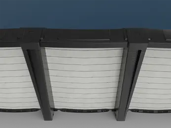 Carvin Lumina oval above ground pool with horizontal white slat finish and black framing, end view