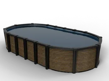 Carvin TOSCANA round above ground pool in Alberta with warm woodgrain exterior panels and black structural framing, angled view