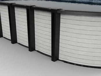 Close-up of Carvin Lumina above ground pool showing horizontal white slat finish and black structural details