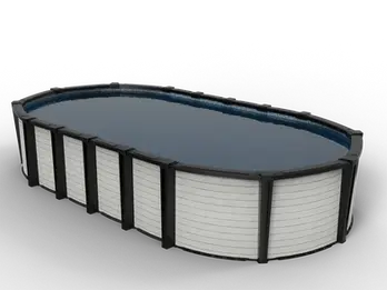 Carvin Lumina oval above ground pool with horizontal white slat finish and black framing, angled view