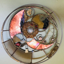 The Universe in a Bowl, Mixed Media, brass mesh, copper, polished stone, glass beads. 12" x 2 1/2 "