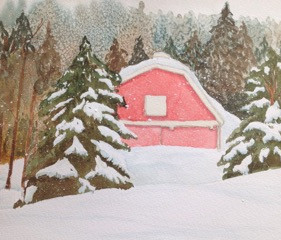 Winter Barn, watercolor, 8" x 10", $200.