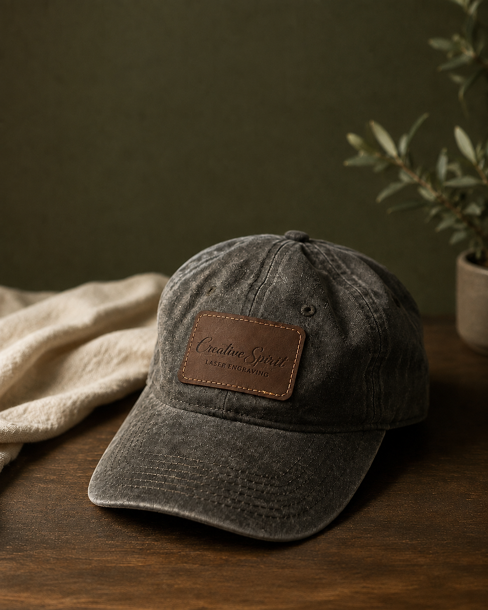 Gray trucker hat with a brown leather patch engraved “Creative Spirit Laser Engraving”
