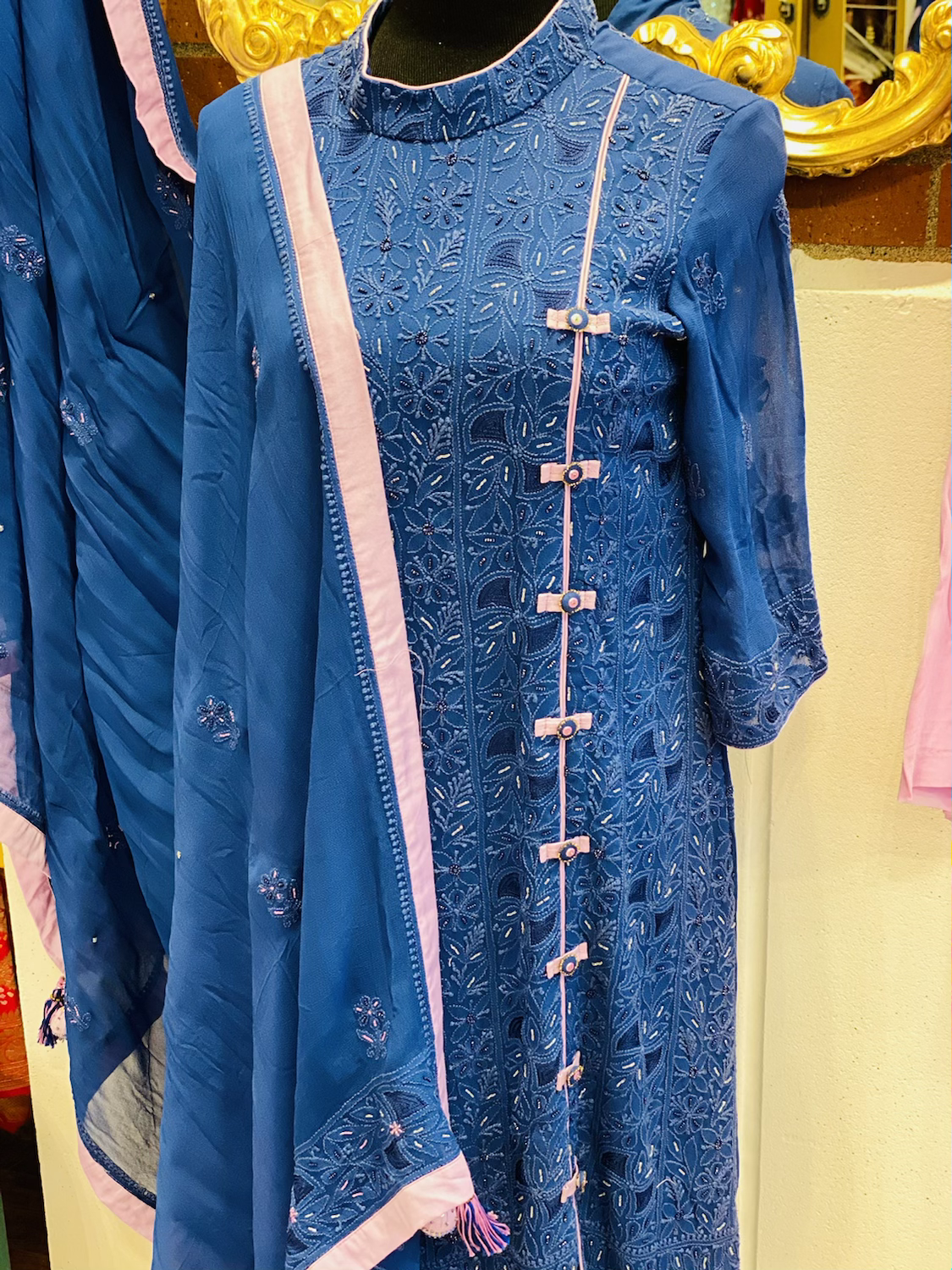 High neck designer Chikenkaari kurta with pearl work !