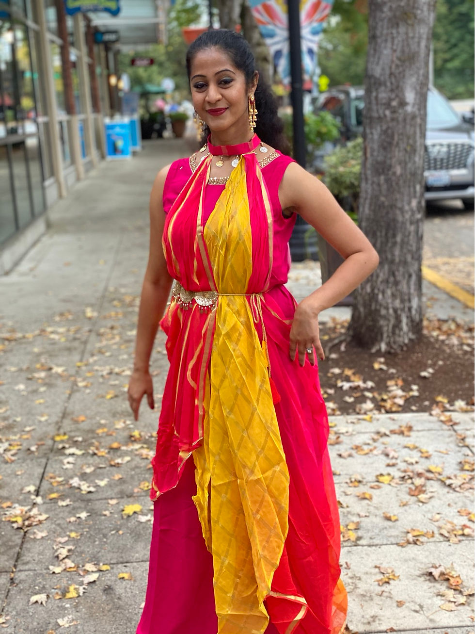 Thumbnail: Pari series two layered hot pink and yellow beautiful neckline dress .