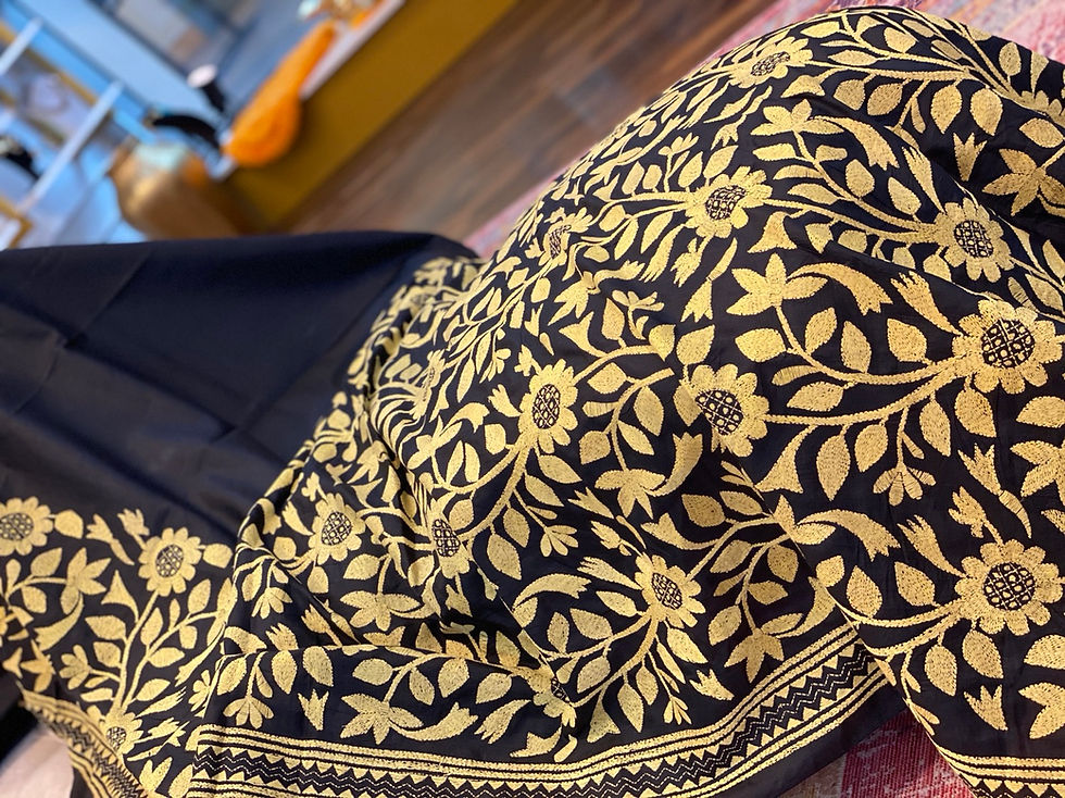 Thumbnail: Desingner pure silk katha saari black and yellow 
