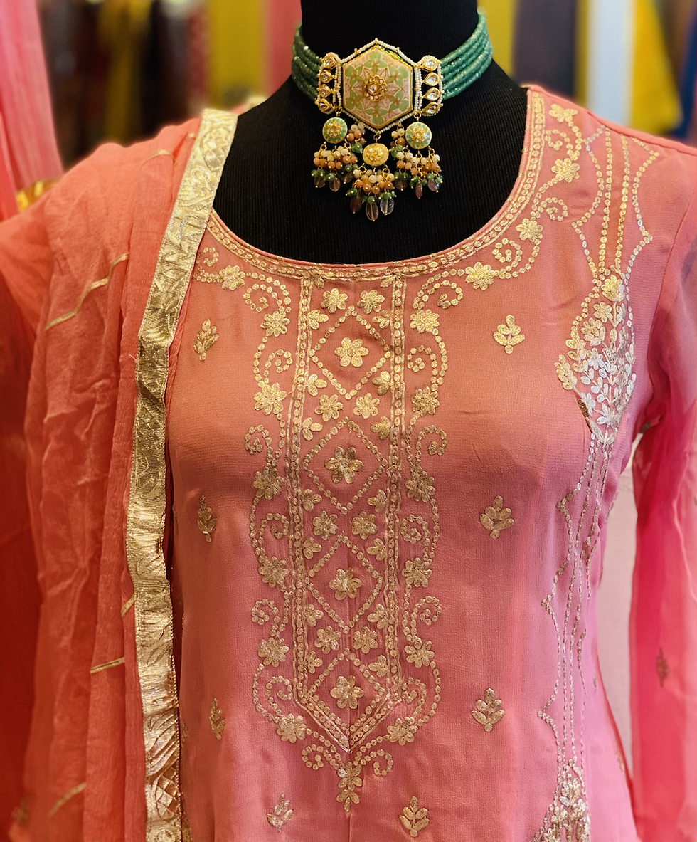 Thumbnail: Pure georgette kurta with Pittan handwork set 