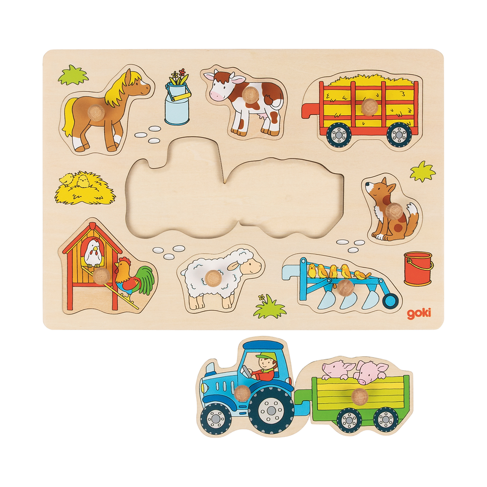 Steckpuzzle Traktor mit Anhängern aus Holz von goki für Kinder ab 1 Jahr