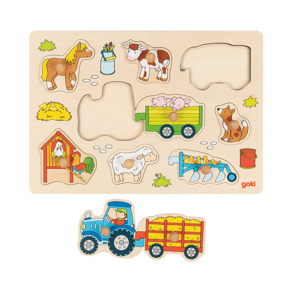 Steckpuzzle Traktor mit Anhängern aus Holz von goki für Kinder ab 1 Jahr