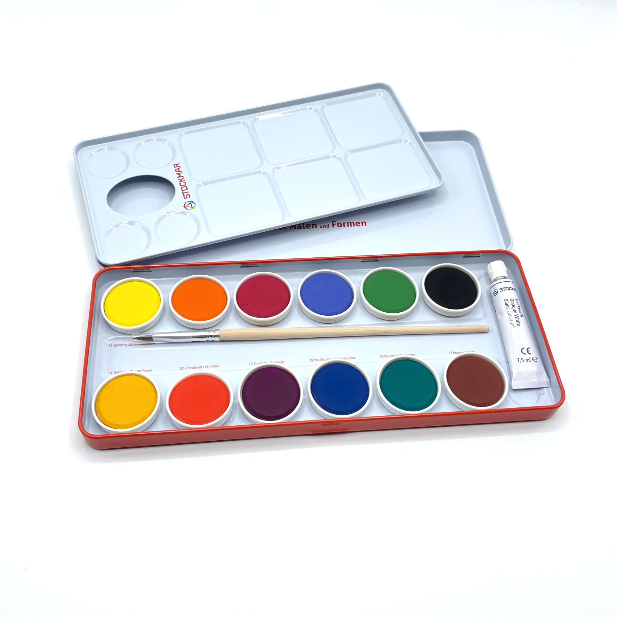 Stockmar Deckfarbkasten mit 12 Wasserfarben, Pinsel und Mischpalette