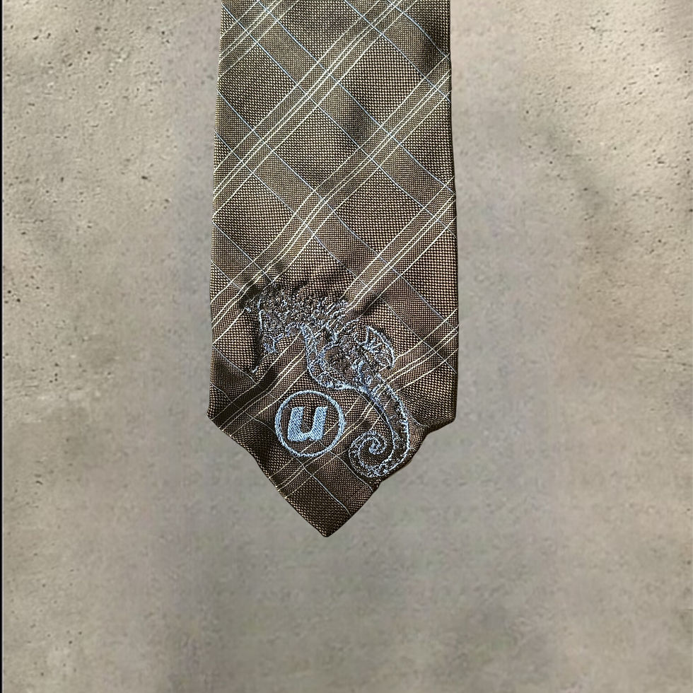 brown and beige embroidery tie. ultra prints. up recycle. sustainable clothing. one of a kind clothing