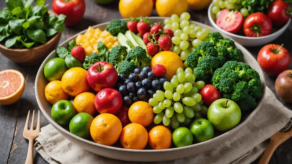 A bowl of vibrant, fresh fruits and vegetables showcasing nature's bounty for digestive support.