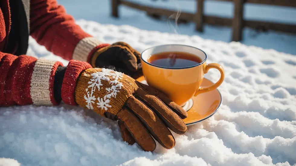 Worn winter gloves and a steaming cup of tea on a snowy day
