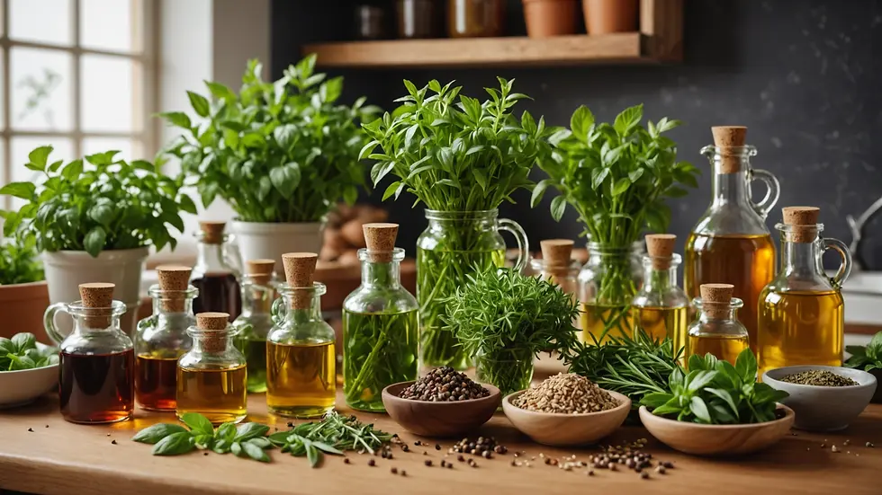 Aromatic herbs and oils arranged beautifully in a kitchen setting