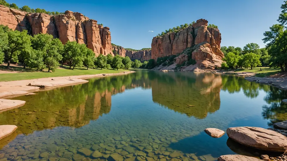 Scenic view of Medicine Park, Oklahoma, featuring picturesque rock formations and clear waters