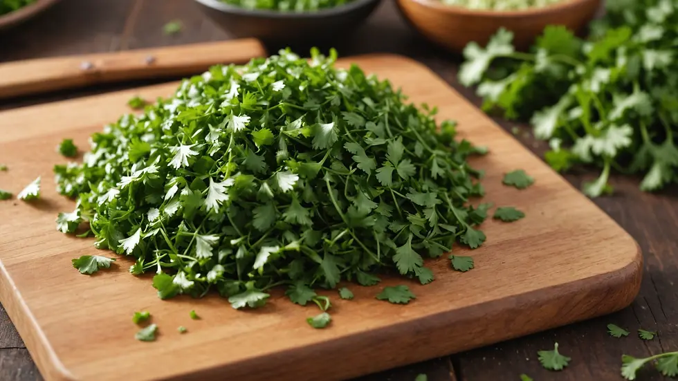 Close-up view of finely chopped cilantro on a wooden cutting board