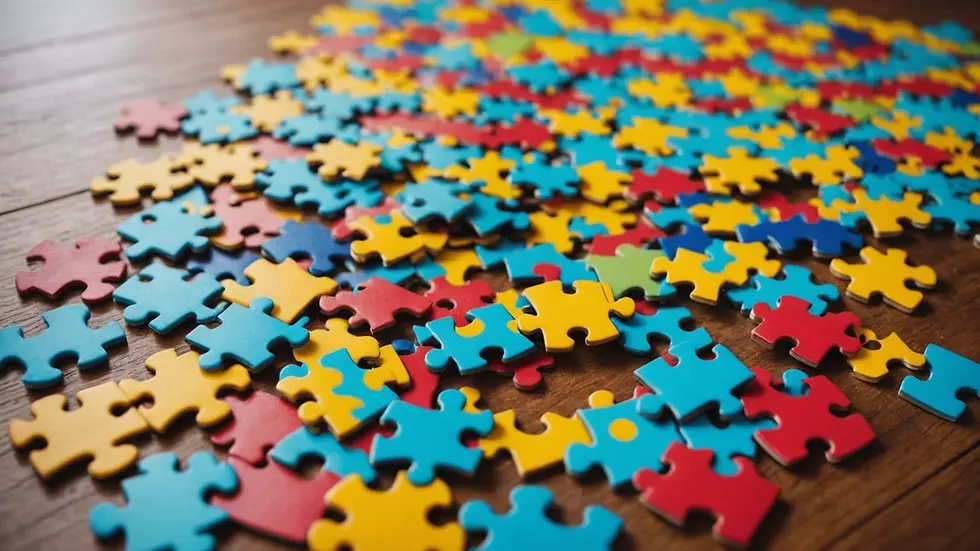Eye-level view of a colorful jigsaw puzzle laid out on a table