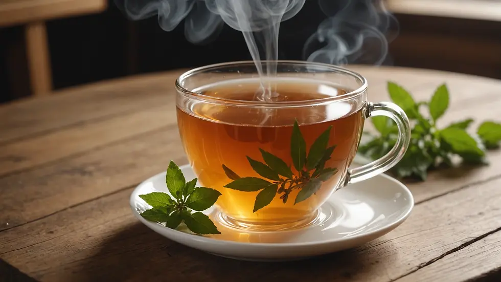 Eye-level view of a steaming cup of herbal tea on a wooden table