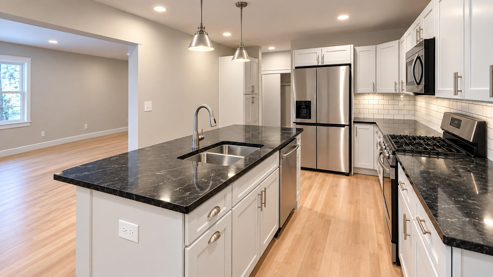 Renovated kitchen with white shaker cabinets, dark stone countertops and stainless steel appliances