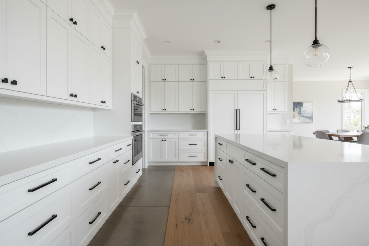 White shaker kitchen with matte black pulls and quartz-look counters