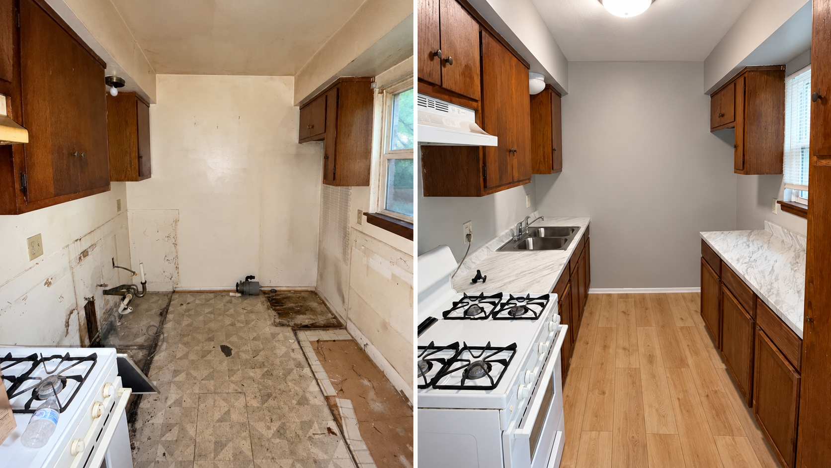 Before and after of a galley kitchen: water-damaged walls and floor rebuilt with new countertops, sink, plank flooring and fresh paint