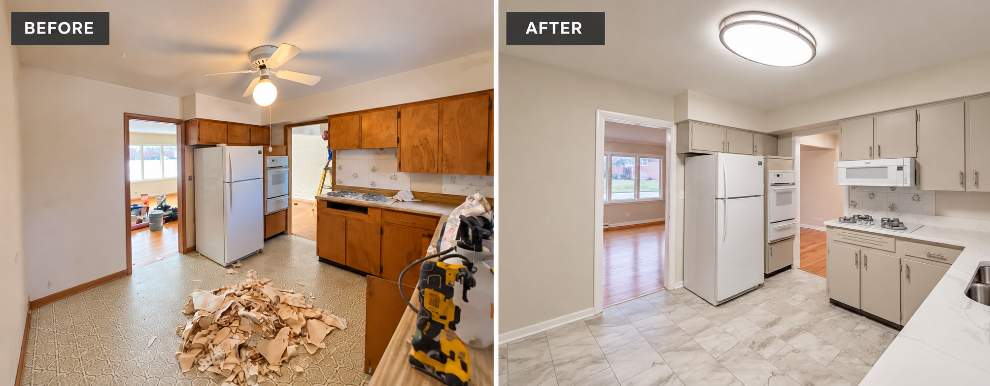 Before and after of a kitchen transformation