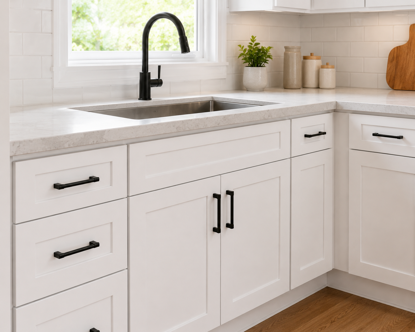 Modern package: white shaker cabinets with matte black pulls, matte black faucet and undermount sink