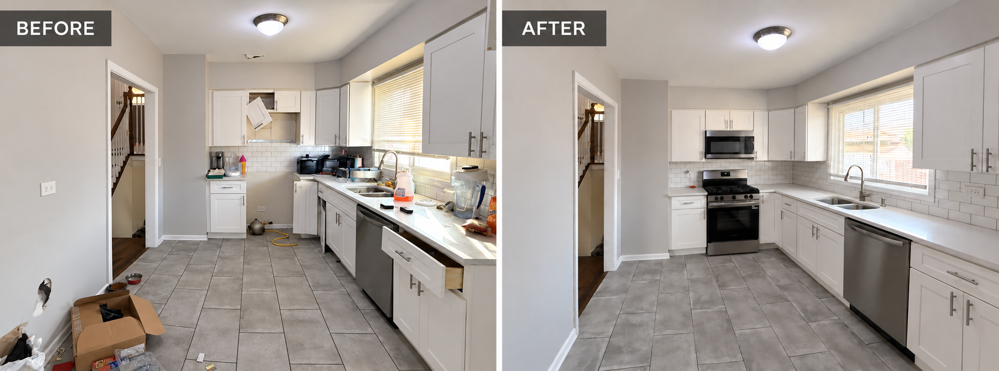 Before and after of a kitchen: damaged cabinets and ceiling repaired, new range and microwave, cleaned and restored