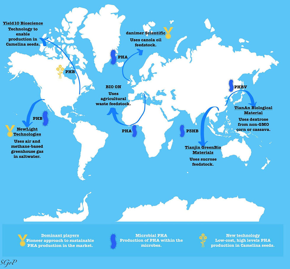 The microbial bioplastic producers labelled on a world map.