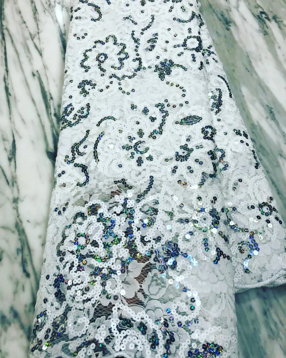 Thumbnail: Bolatito Luxury white chantilly and silver sequins lace