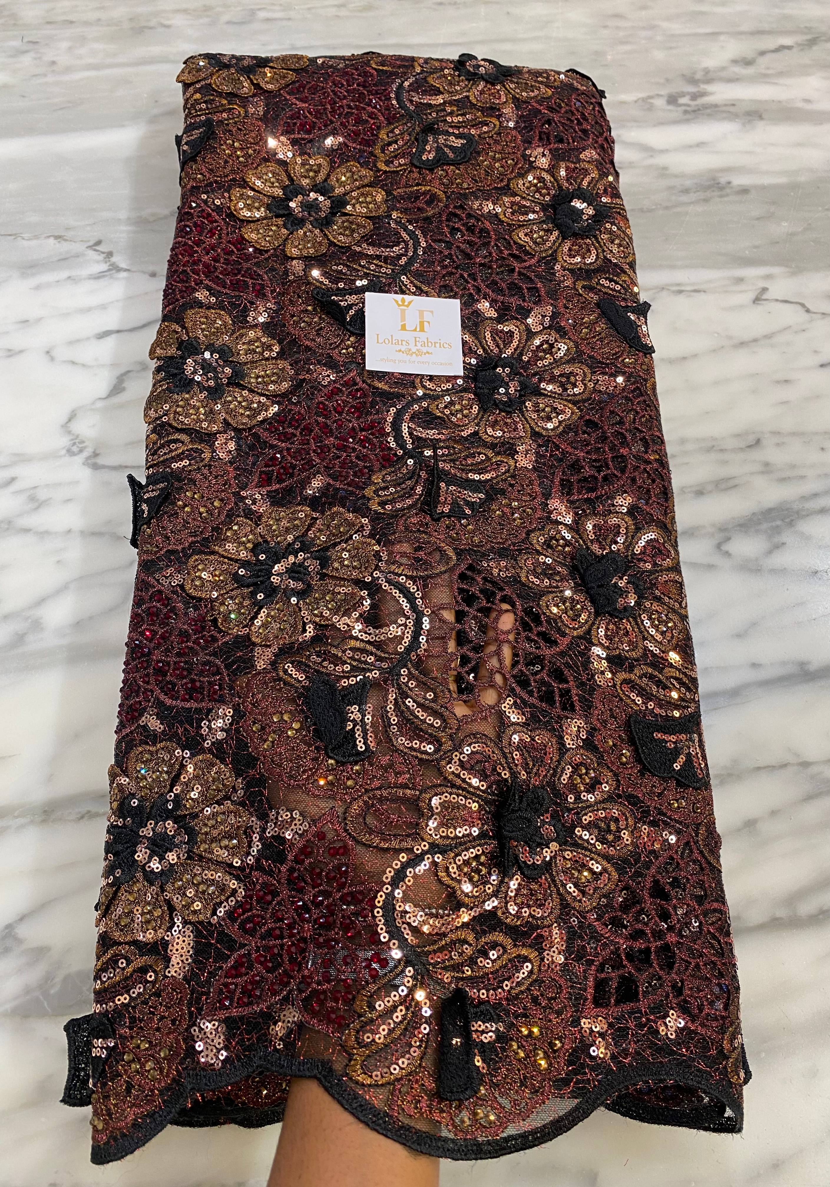 Fisayo Luxury Wine & Bronze 3d handcut swarovski stones lace fabric
