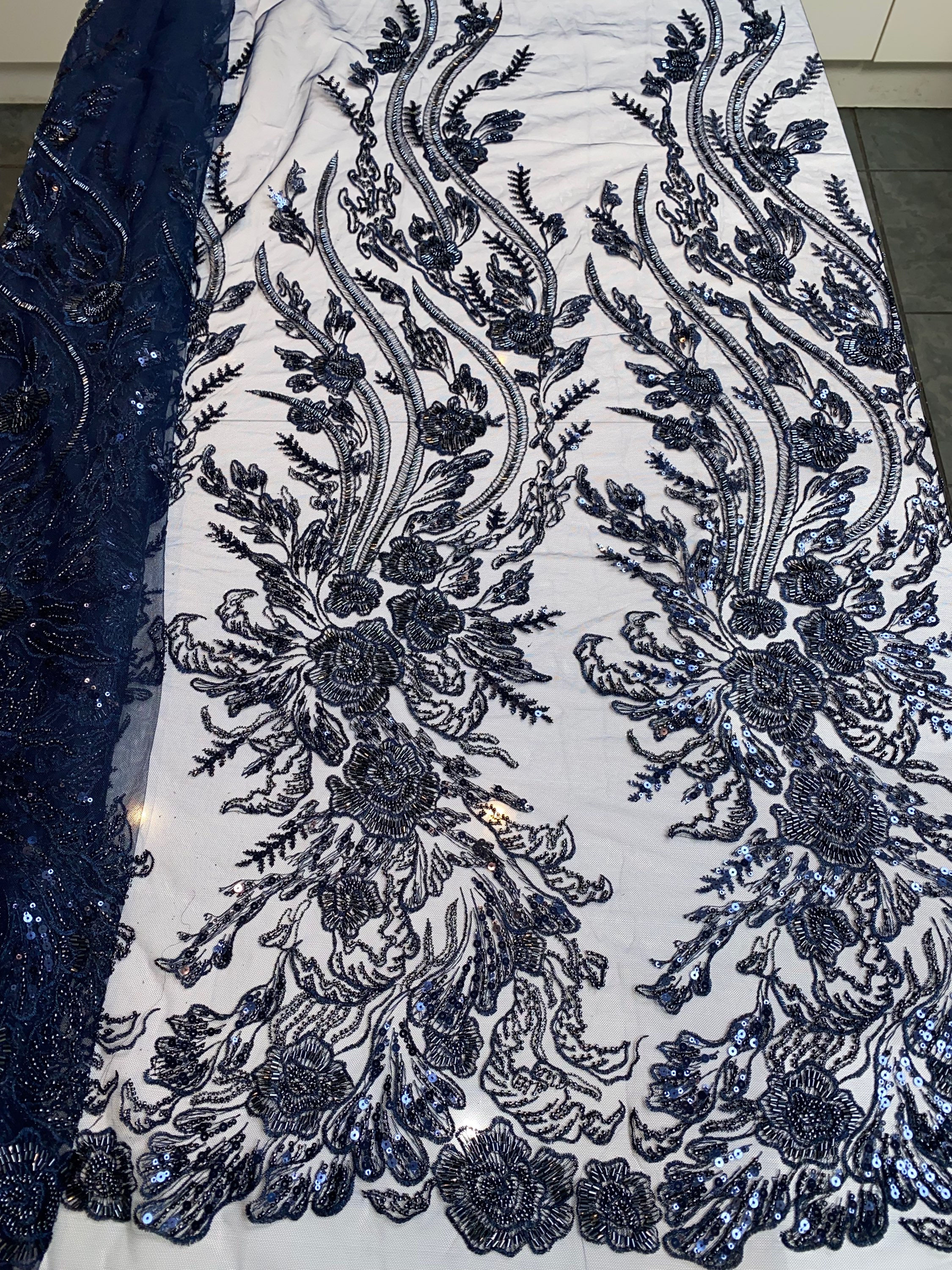 Alluring Navy Blue beaded crystal lace fabric