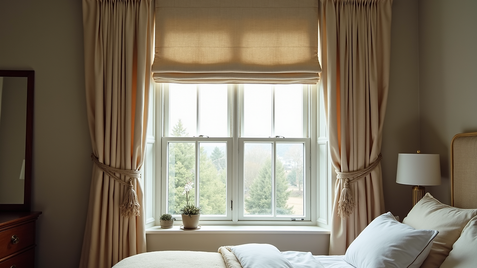 High angle view of a window with custom Roman shades and decorative curtain panels