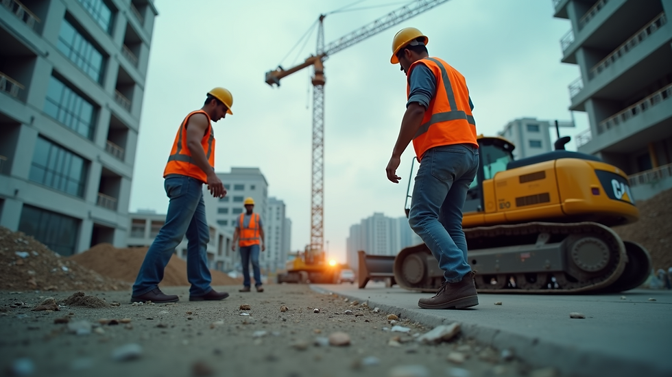 Eye-level view of a construction site with workers wearing safety gear