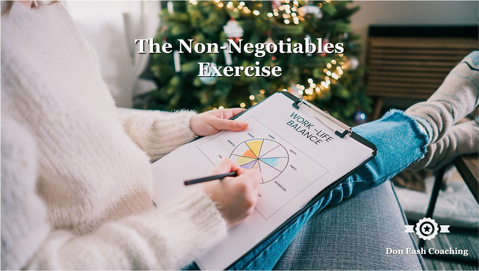 A person in a white sweater sitting comfortably and filling out a work-life balance wheel chart on a clipboard, with categories like career, health, family, and recreation, a lit Christmas tree softly blurred in the background — with the title "The Non-Negotiables Exercise" in bold white text. Don Eash Coaching logo in the bottom right corner.