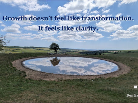 A still, round pond on a green hillside perfectly reflects the sky and clouds above, with a single tree standing at its edge. Text reads: "Growth doesn't feel like transformation. It feels like clarity." Don Eash Coaching logo in bottom right corner.