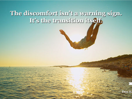 A person mid-backflip off a rocky cliff into the ocean at sunset, arms outstretched, sun flaring behind them. Text reads: "The discomfort isn't a warning sign. It's the transition itself." Don Eash Coaching logo in bottom right corner.